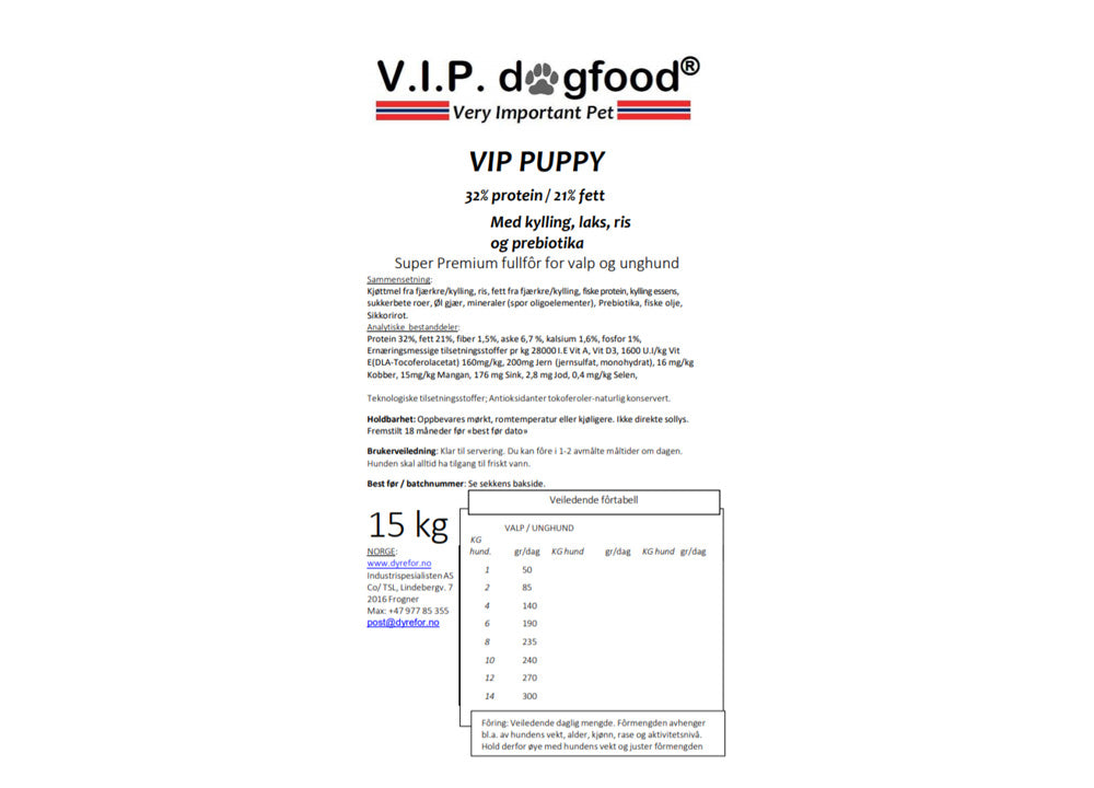 V.I.P. dogfood Puppy hundefôr 15 kg - komplett valpefôr for sunn vekst og utvikling