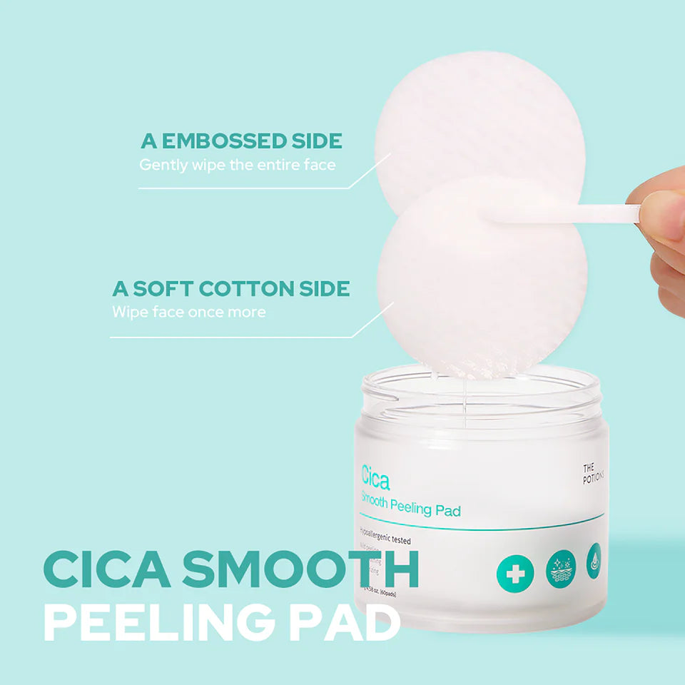 The Potions Cica Smooth Peeling Pads - skånsom eksfoliering med PHA og Centella Asiatica (60 stk)