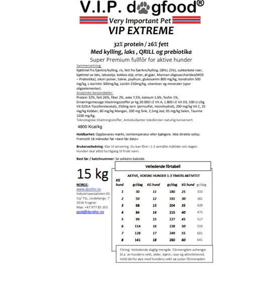 VIP Dogfood Extreme Hundefôr 15 kg- komplett ernæring for aktive hunder på jakt eller ved mye trening